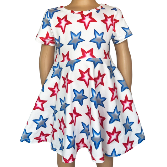 Girls 4th of July Patriotic Stars Red White & Blue Short Sleeve Swing