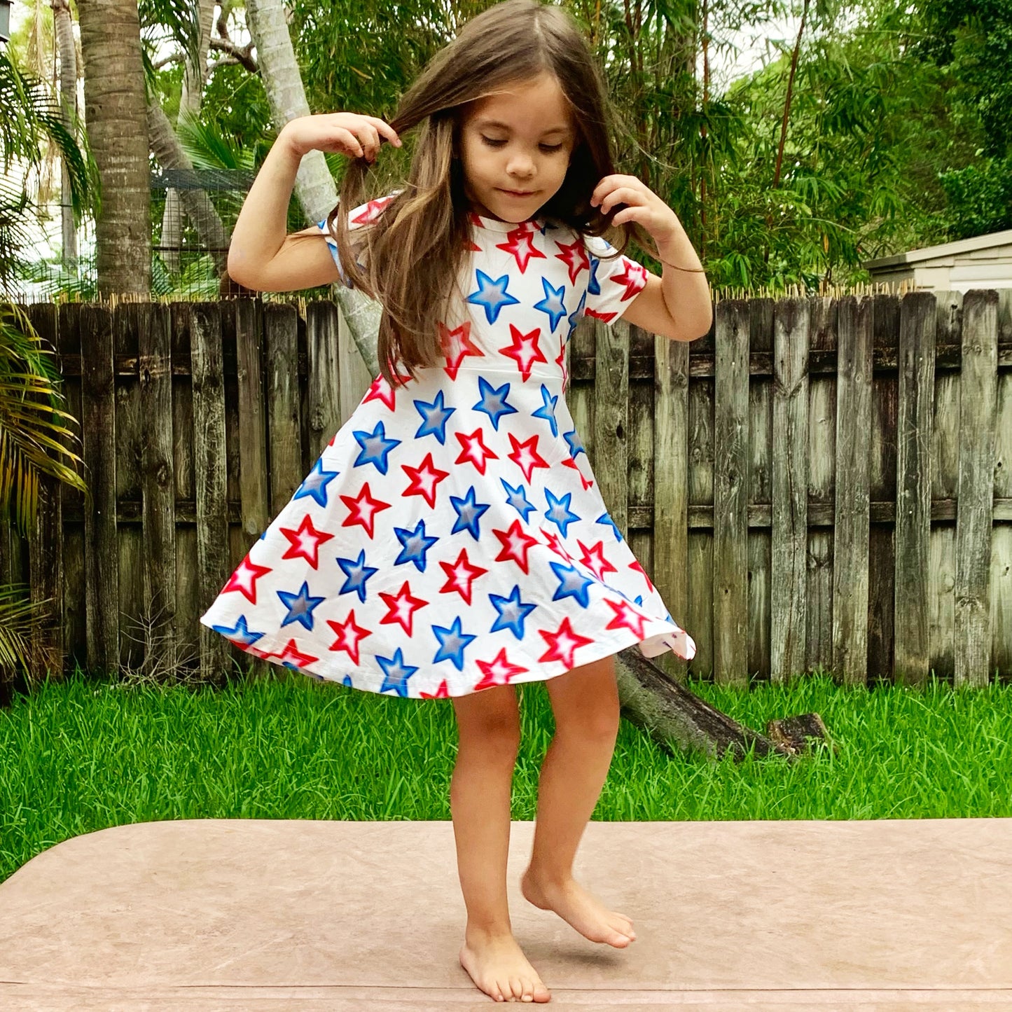 Girls 4th of July Patriotic Stars Red White & Blue Short Sleeve Swing