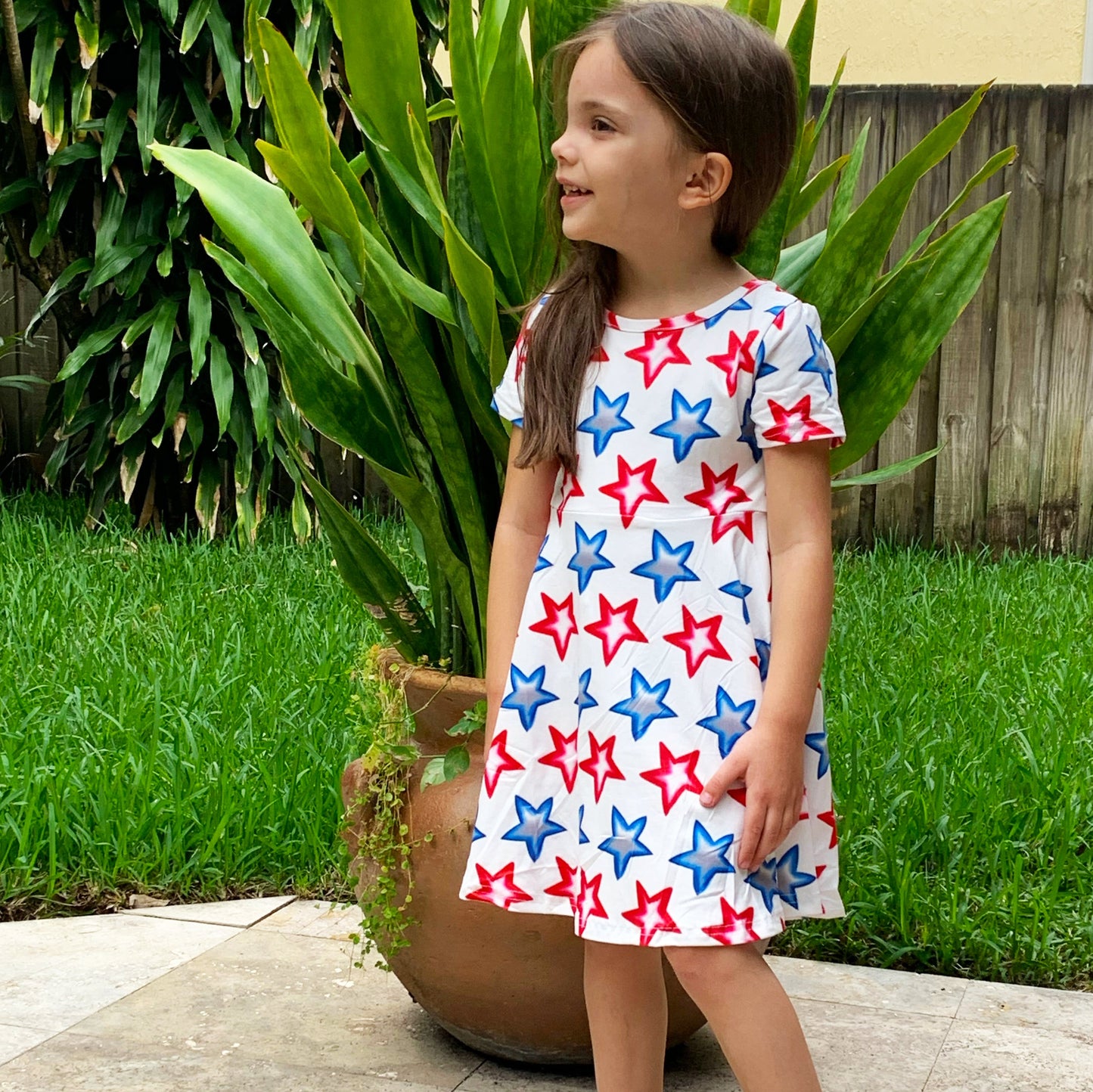 Girls 4th of July Patriotic Stars Red White & Blue Short Sleeve Swing