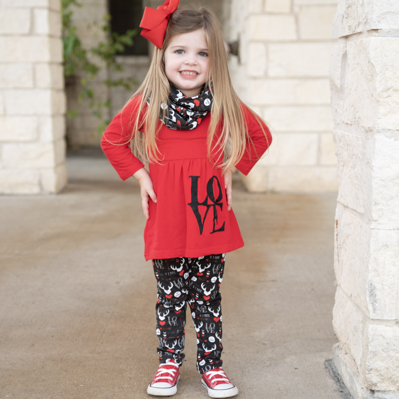 Girls Valentine's Day LOVE Red Long Sleeve Tunic Leggings & Scarf