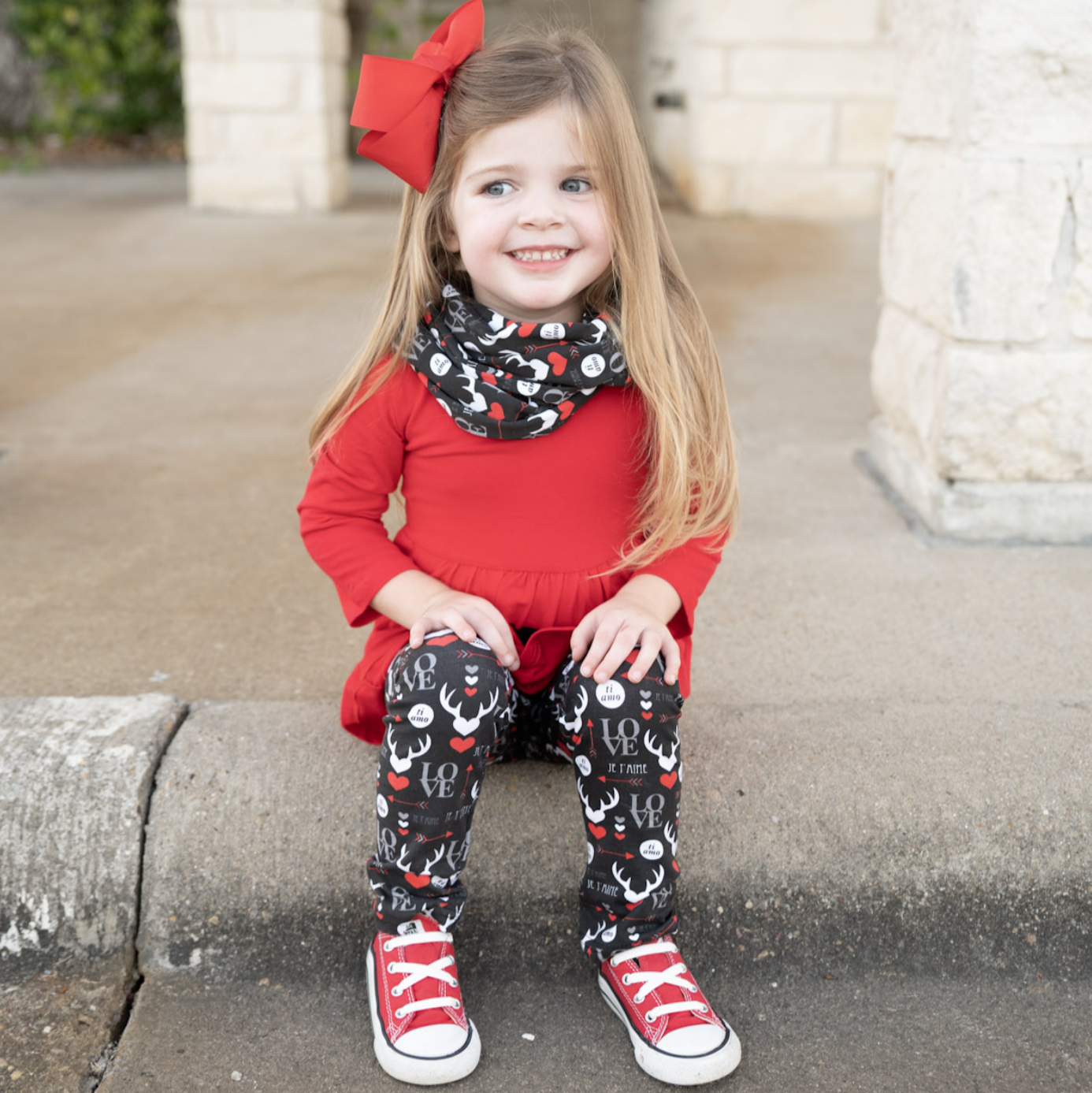 Girls Valentine's Day LOVE Red Long Sleeve Tunic Leggings & Scarf