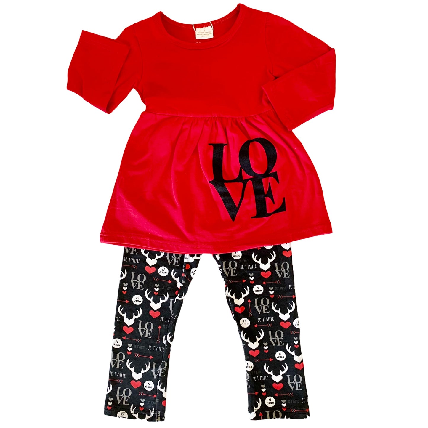 Girls Valentine's Day LOVE Red Long Sleeve Tunic Leggings & Scarf